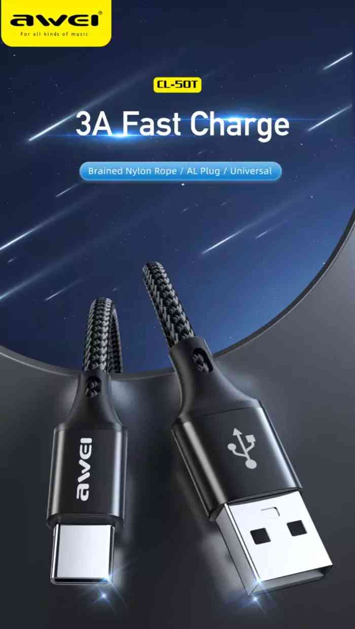 Awei CL-50T 3A  USB Type C Power Bank Mobile Phone Cables Fast Charging